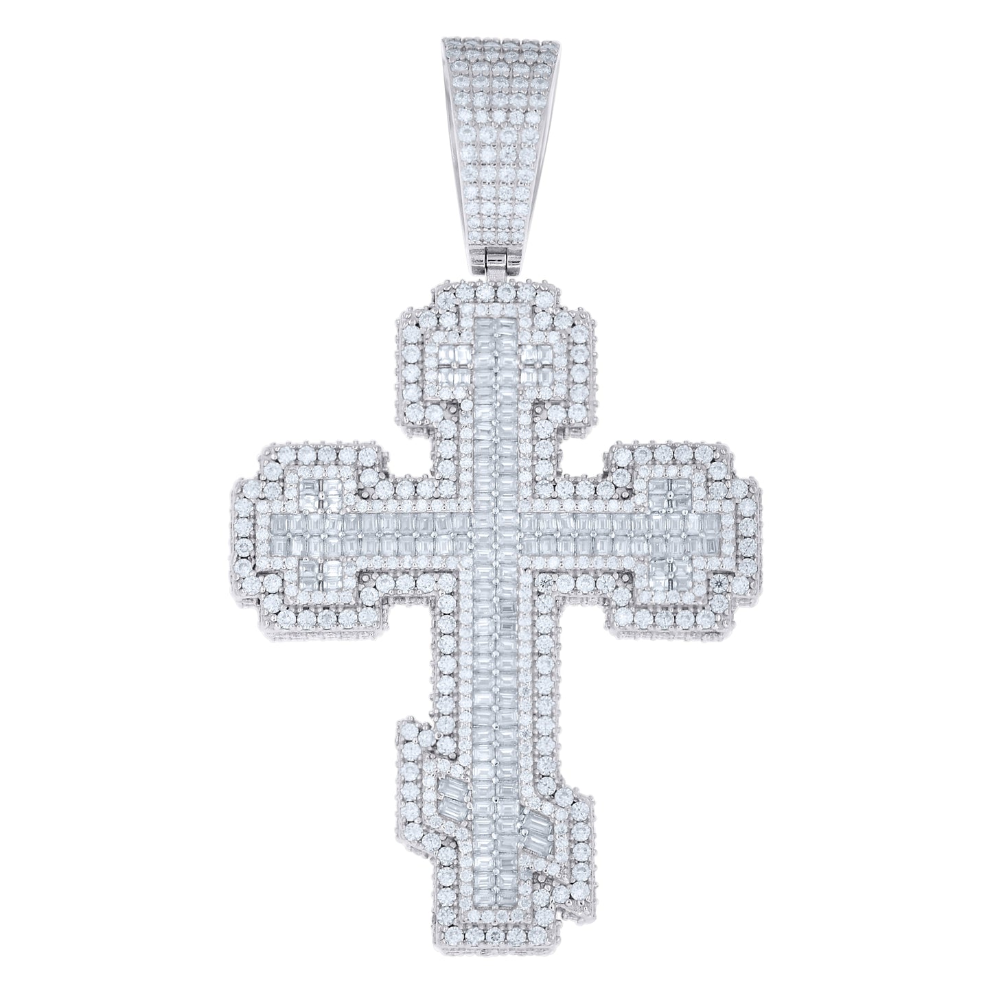 Sterling Silver Mens Baguette Round Moissanite Cross Religious Pendant – Elegant Jewelry Gift for Birthday, Anniversary, Engagement, Wedding