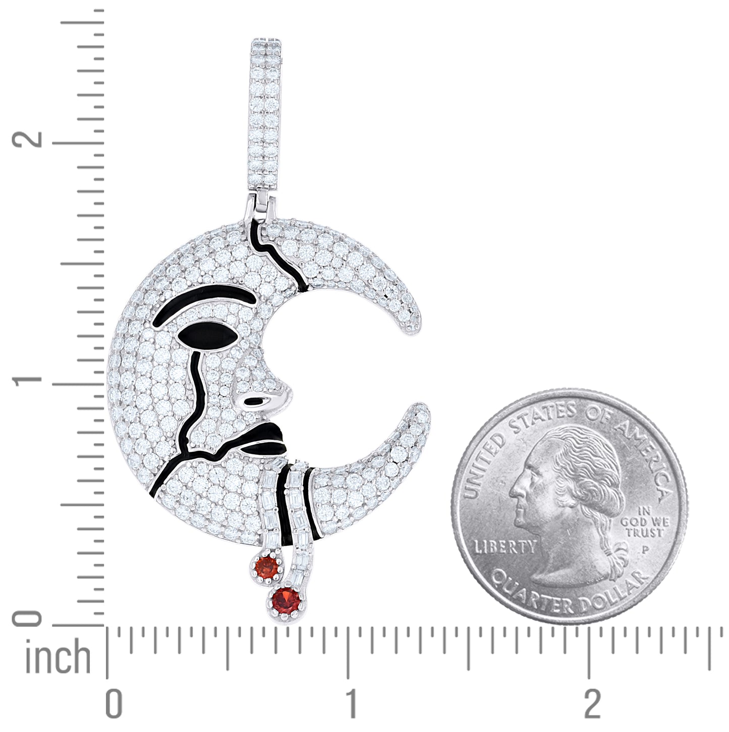Sterling Silver Mens Red White Baguette Round Moissanite Enameled Moon Celestial Pendant – Elegant Jewelry Gift for Birthday, Anniversary, Engagement, Wedding
