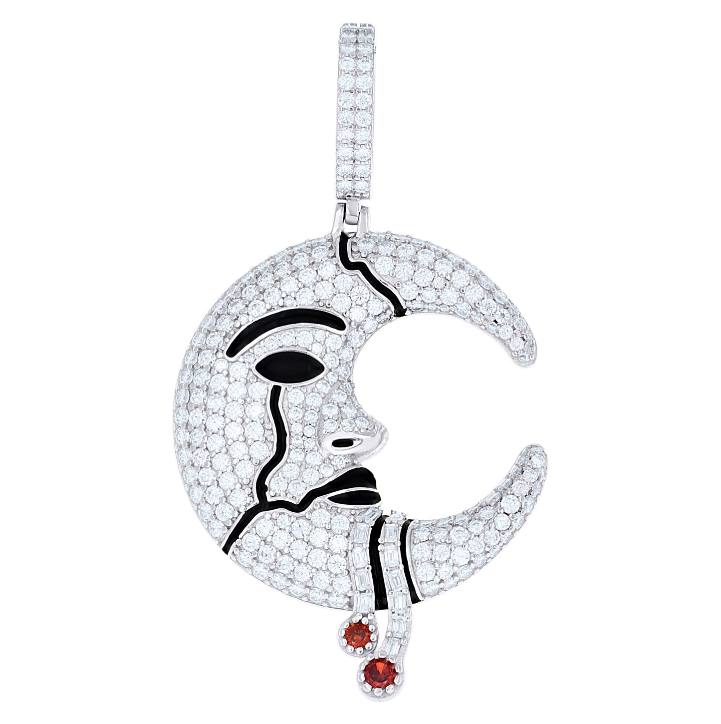 Sterling Silver Mens Red White Baguette Round Moissanite Enameled Moon Celestial Pendant – Elegant Jewelry Gift for Birthday, Anniversary, Engagement, Wedding