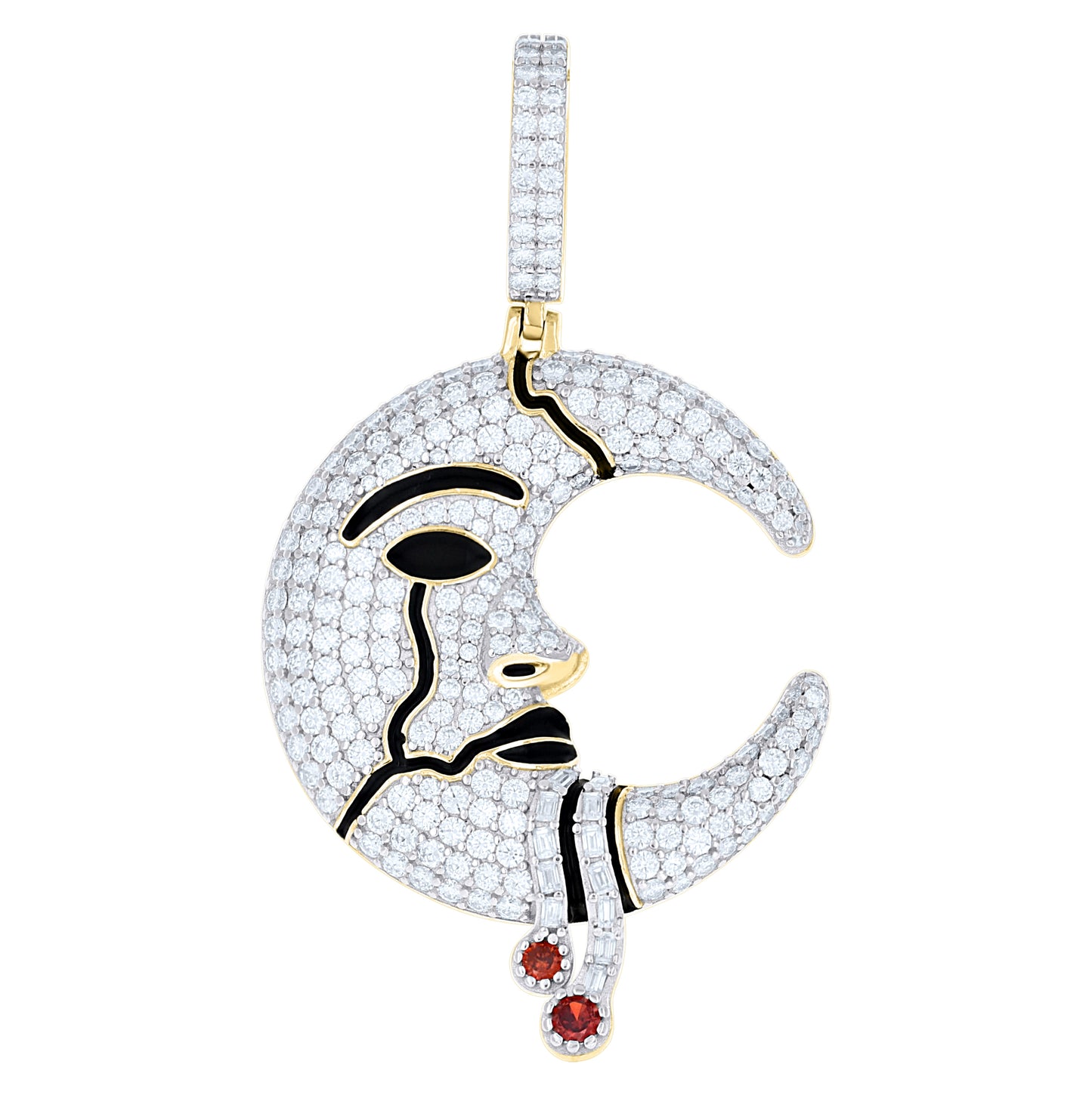 Sterling Silver Mens Red White Baguette Round Moissanite Enameled Moon Celestial Pendant – Elegant Jewelry Gift for Birthday, Anniversary, Engagement, Wedding