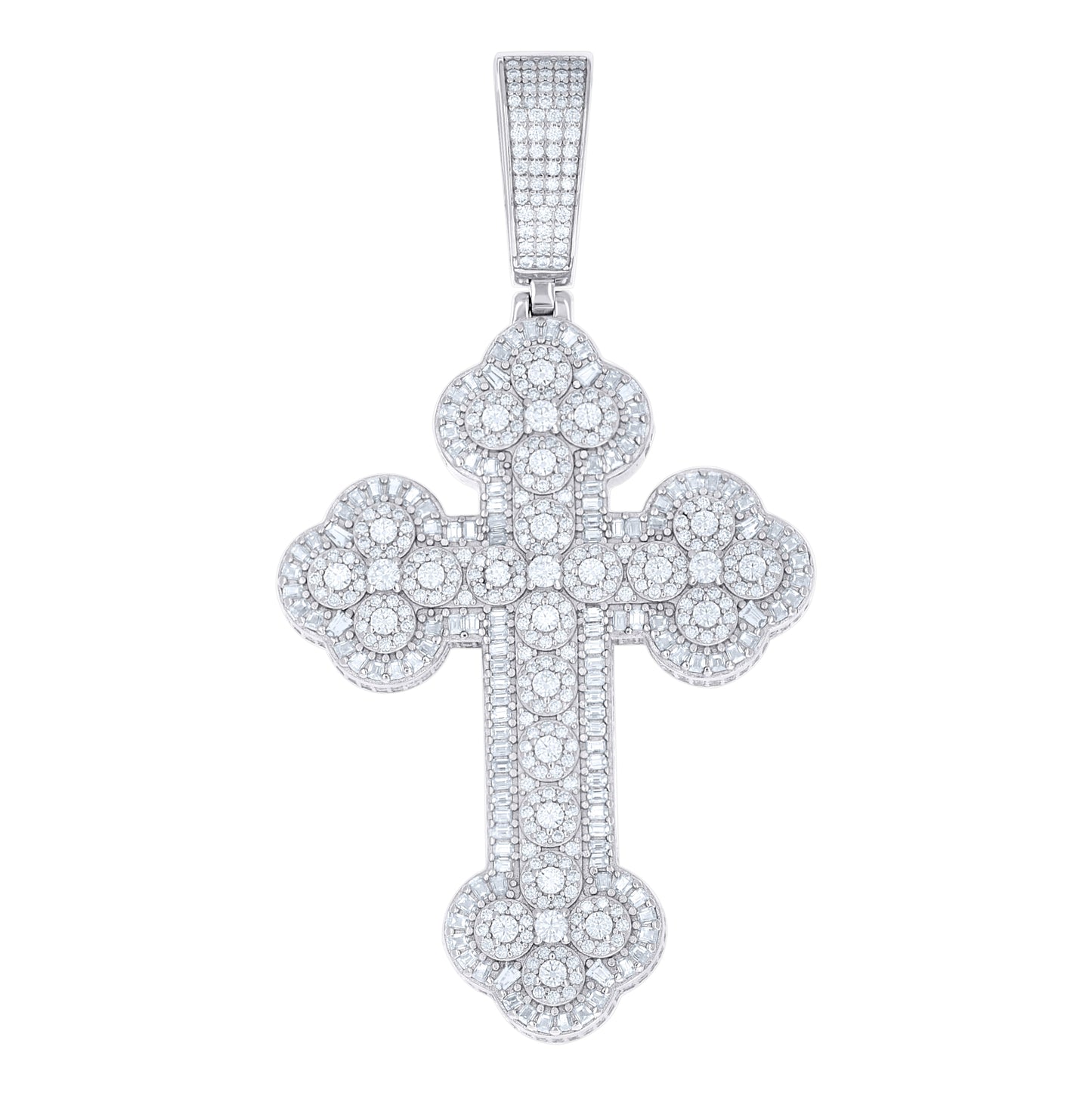 Sterling Silver Unisex Baguette Round Moissanite Budded Cross Religious Pendant – Elegant Jewelry Gift for Birthday, Anniversary, Engagement, Wedding