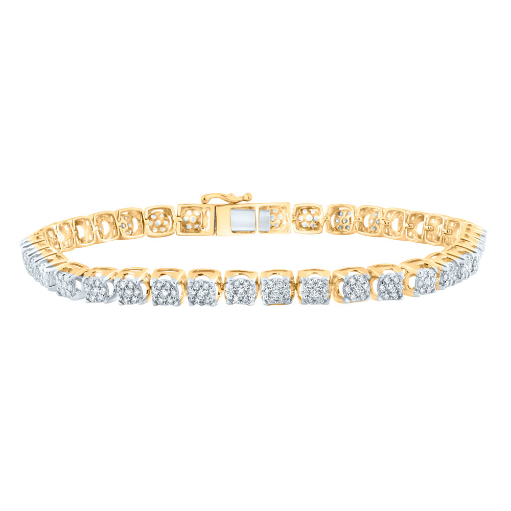 10K Yellow Gold Mens Round Diamond Flower Cluster Tennis Bracelet 3 Cttw