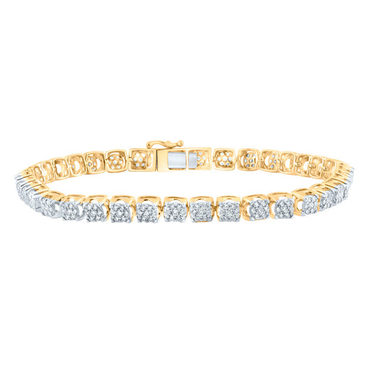10K Yellow Gold Mens Round Diamond Flower Cluster Tennis Bracelet 3 Cttw