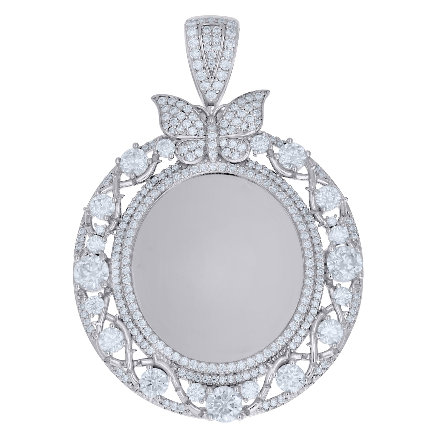Sterling Silver Womens Moissanite Butterfly Swirls Border Round Photo Frame Pendant – Elegant Jewelry Gift for Birthday, Anniversary, Engagement, Wedding