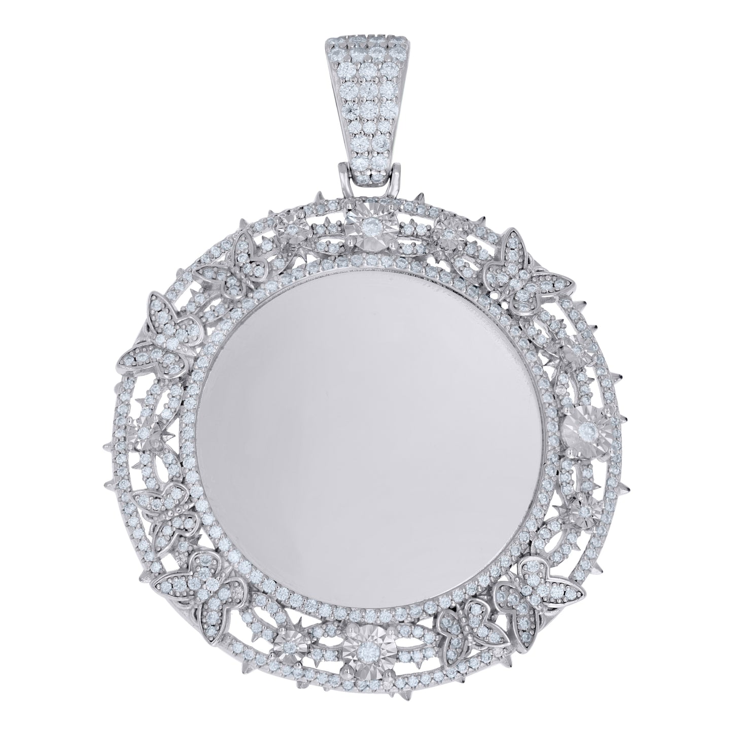 Sterling Silver Womens Moissanite Butterflies Floral Border Round Photo Frame Pendant – Elegant Jewelry Gift for Birthday, Anniversary, Engagement, Wedding
