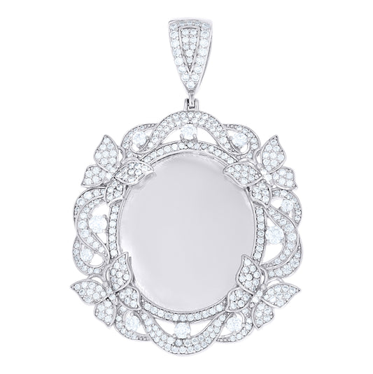 Sterling Silver Womens Moissanite Floral Border Oval Photo Frame Pendant – Elegant Jewelry Gift for Birthday, Anniversary, Engagement, Wedding
