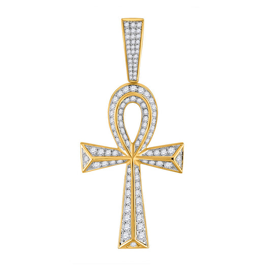 10K Yellow Gold Mens Round Diamond Ankh Cross Charm Pendant 1-3/4 Cttw