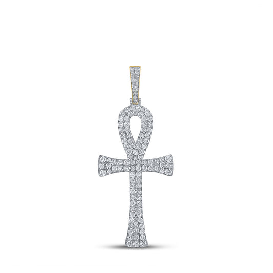 10K Yellow Gold Mens Round Diamond Ankh Cross Charm Pendant 6-1/3 Cttw