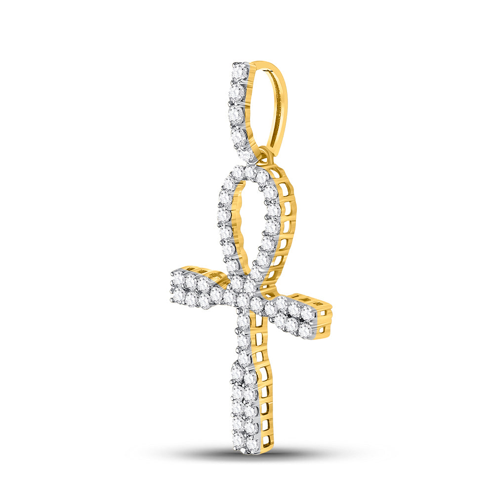 10K Yellow Gold Mens Round Diamond Ankh Cross Charm Pendant 1 Cttw