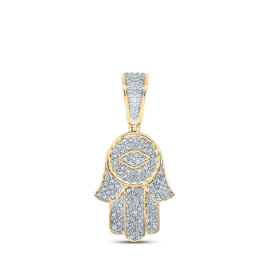 10K Yellow Gold Mens Round Diamond Hamsa Charm Pendant 7/8 Cttw, Length: 1.08 In