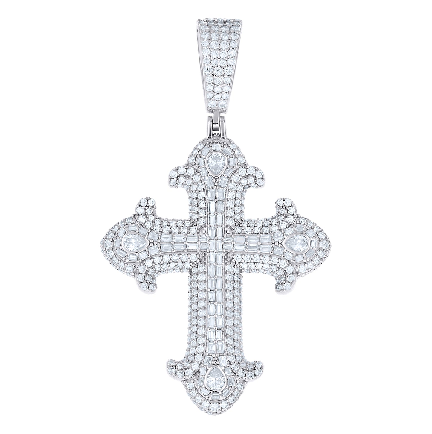 Sterling Silver Mens Baguette/Pear Round Moissanite Cross Religious Pendant – Elegant Jewelry Gift for Birthday, Anniversary, Engagement, Wedding