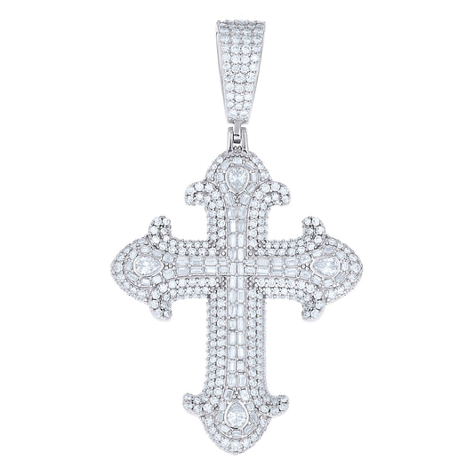 Sterling Silver Mens Baguette/Pear Round Moissanite Cross Religious Pendant – Elegant Jewelry Gift for Birthday, Anniversary, Engagement, Wedding