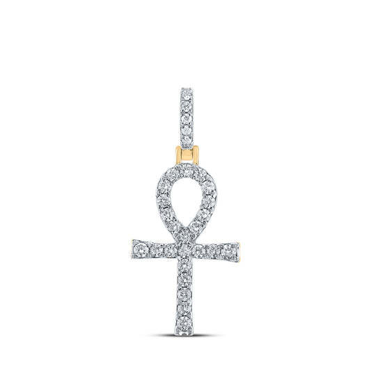 10K Yellow Gold Mens Round Diamond Ankh Cross Charm Pendant 1/2 Cttw, Length: 1.32 In, Width: 0.53 In