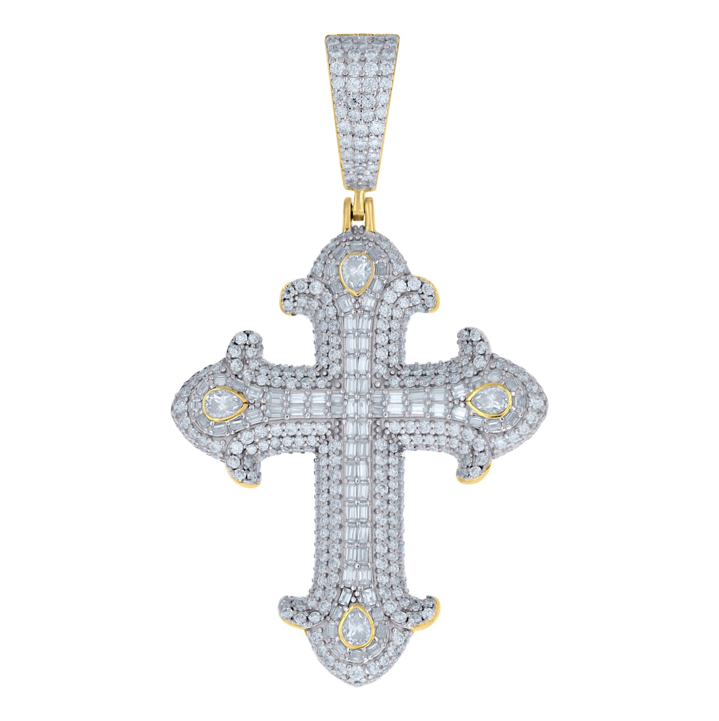 Sterling Silver Mens Baguette/Pear Round Moissanite Cross Religious Pendant – Elegant Jewelry Gift for Birthday, Anniversary, Engagement, Wedding