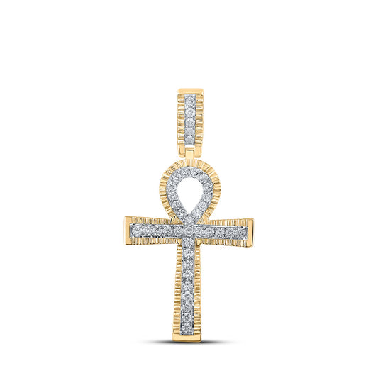 10K Yellow Gold Mens Round Diamond Ankh Cross Charm Pendant 1 Cttw