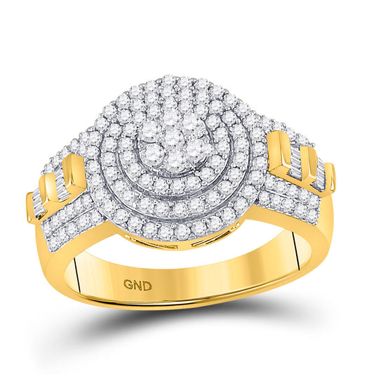 10K Two-tone Gold Mens Round Diamond Circle Flower Cluster Ring 1-1/5 Cttw, Mens Size: 7-13