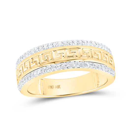 10K Yellow Gold Mens Round Diamond Wedding Greek Key Band Ring 1/3 Cttw, Mens Size: 7-13