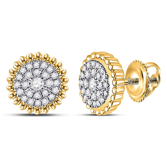 10K Yellow Gold Womens Round Diamond Beaded Halo Cluster Earrings 1/4 Cttw