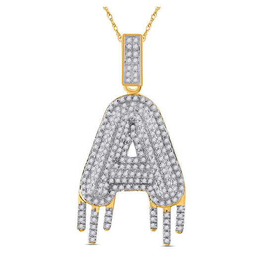 10K Yellow Gold Mens Round Diamond Drip Letter Charm Pendant
