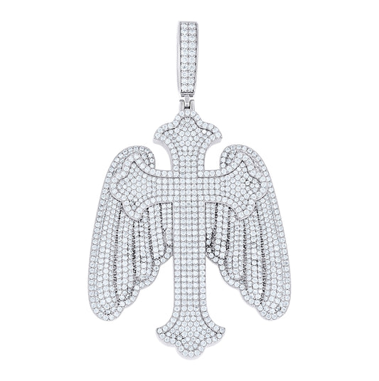 Sterling Silver Mens Round Moissanite Wings Cross Religious Pendant – Elegant Jewelry Gift for Birthday, Anniversary, Engagement, Wedding