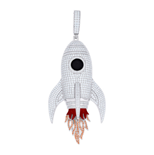 Sterling Silver Mens Red White Moissanite Enameled Rocket Fashion Pendant – Elegant Jewelry Gift for Birthday, Anniversary, Engagement, Wedding