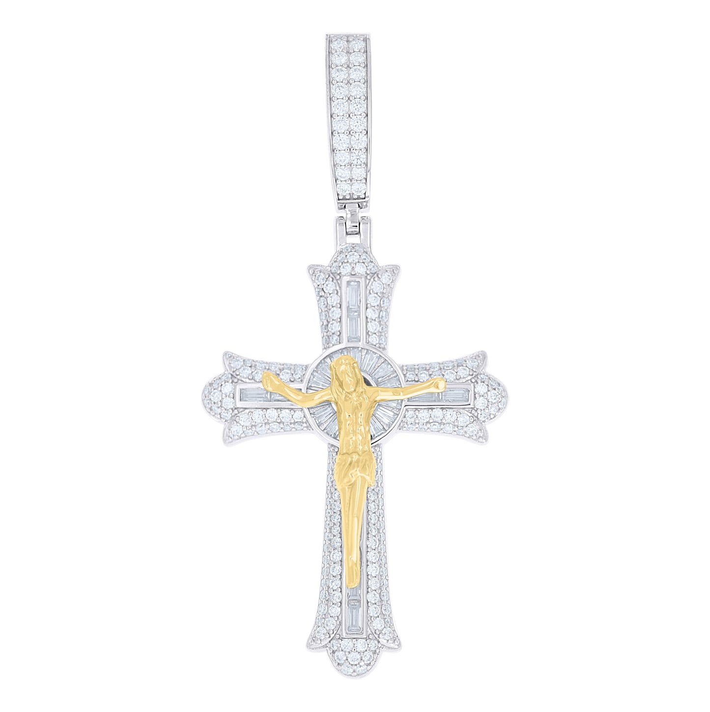 Sterling Silver Yellow-tone Mens Round Baguette Moissanite Crucifix Cross Religious Pendant – Elegant Jewelry Gift for Birthday, Anniversary, Engagement, Wedding