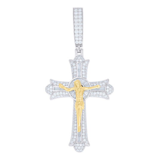 Sterling Silver Yellow-tone Mens Round Baguette Moissanite Crucifix Cross Religious Pendant – Elegant Jewelry Gift for Birthday, Anniversary, Engagement, Wedding