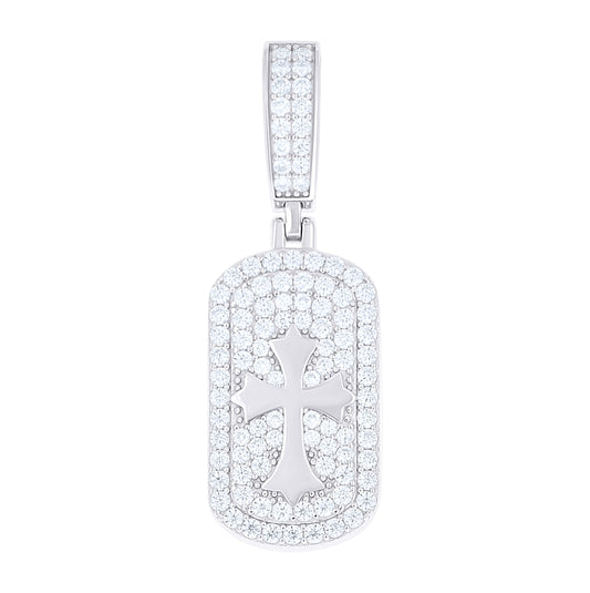 Sterling Silver Mens Round Moissanite Cross Religious Dog Tag Pendant – Elegant Jewelry Gift for Birthday, Anniversary, Engagement, Wedding