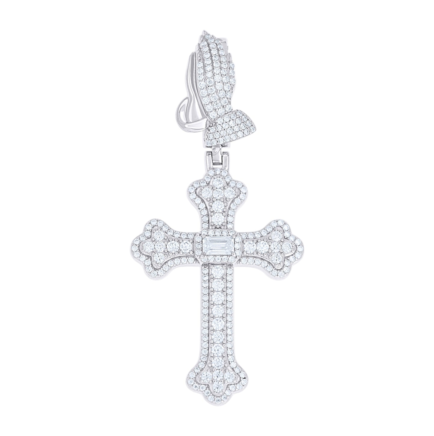 Sterling Silver Mens Round Baguette Moissanite Praying Hands Cross Religious Pendant – Elegant Jewelry Gift for Birthday, Anniversary, Engagement, Wedding
