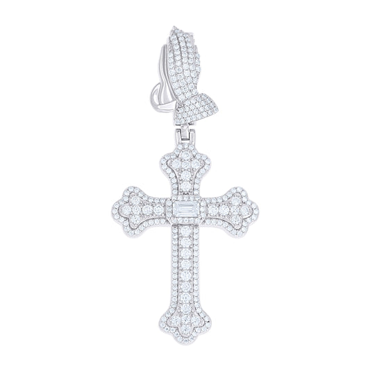 Sterling Silver Mens Round Baguette Moissanite Praying Hands Cross Religious Pendant – Elegant Jewelry Gift for Birthday, Anniversary, Engagement, Wedding