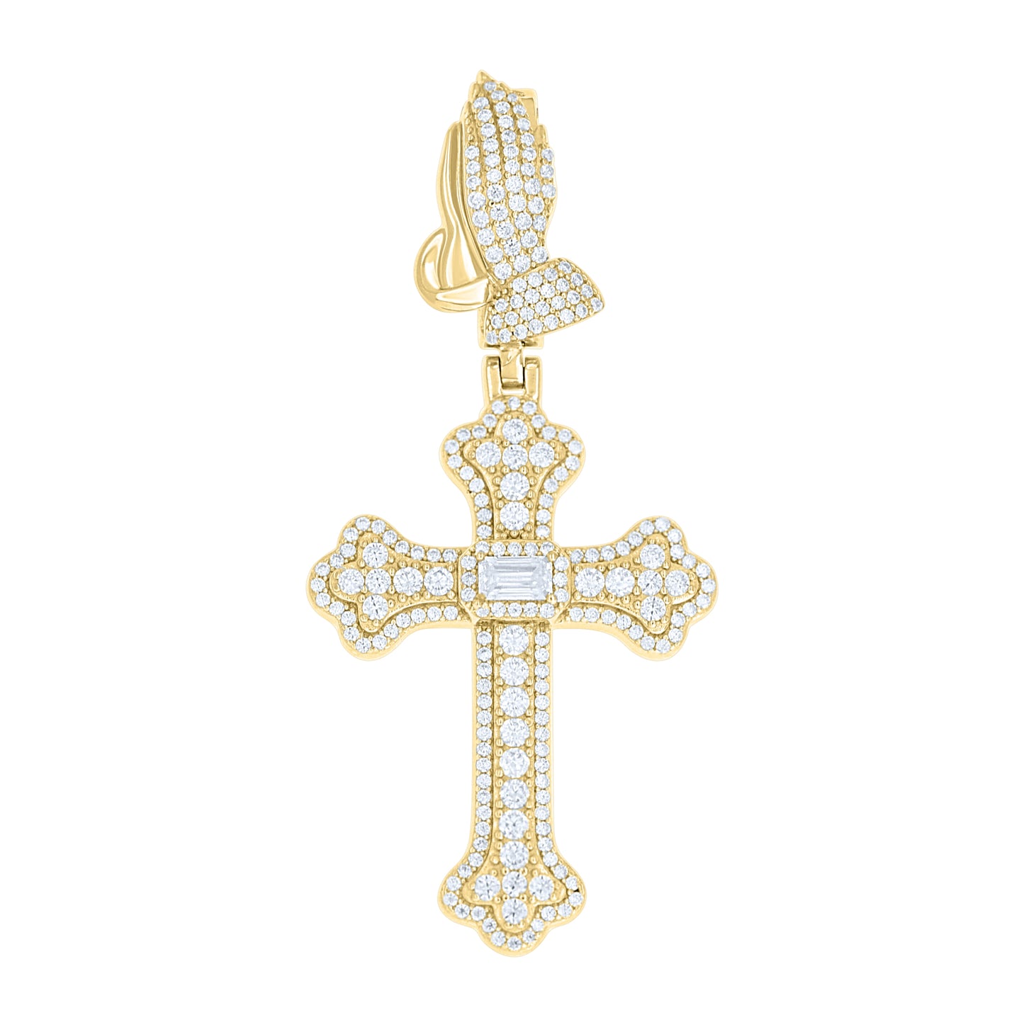 Sterling Silver Mens Round Baguette Moissanite Praying Hands Cross Religious Pendant – Elegant Jewelry Gift for Birthday, Anniversary, Engagement, Wedding