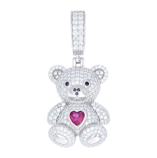 Sterling Silver Womens Black Purple White Heart Round Moissanite Teddy Bear Fashion Pendant – Elegant Jewelry Gift for Birthday, Anniversary, Engagement, Wedding