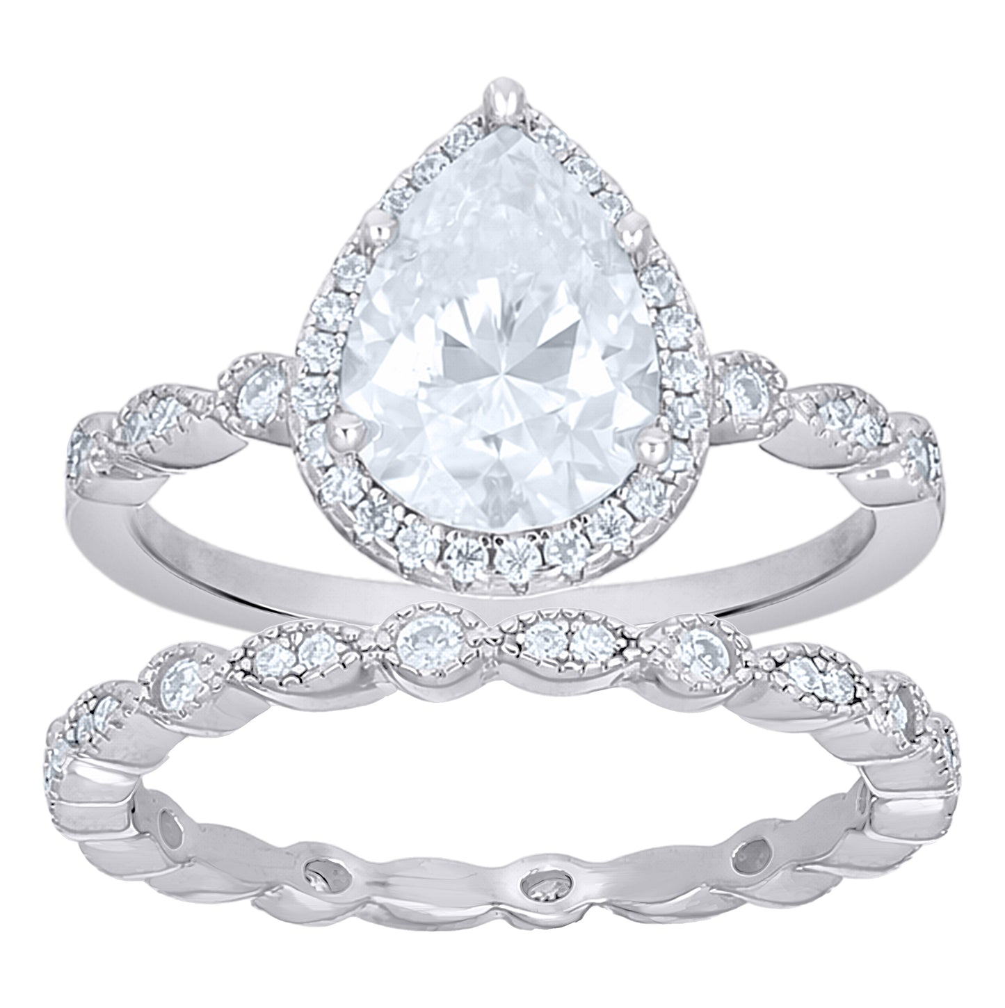 Sterling Silver Womens Pear Round 2.59ct Moissanite Duo Ring Set Size 5– Elegant Jewelry Gift for Birthday, Anniversary, Engagement, Wedding