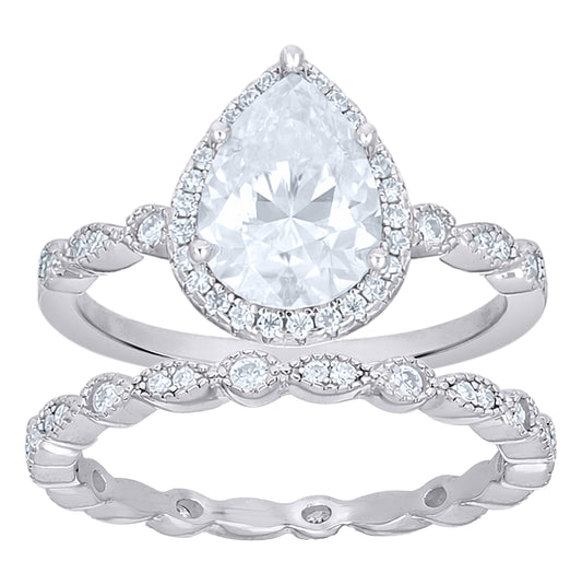 Sterling Silver Womens Pear Round 2.59ct Moissanite Duo Ring Set Size 5– Elegant Jewelry Gift for Birthday, Anniversary, Engagement, Wedding