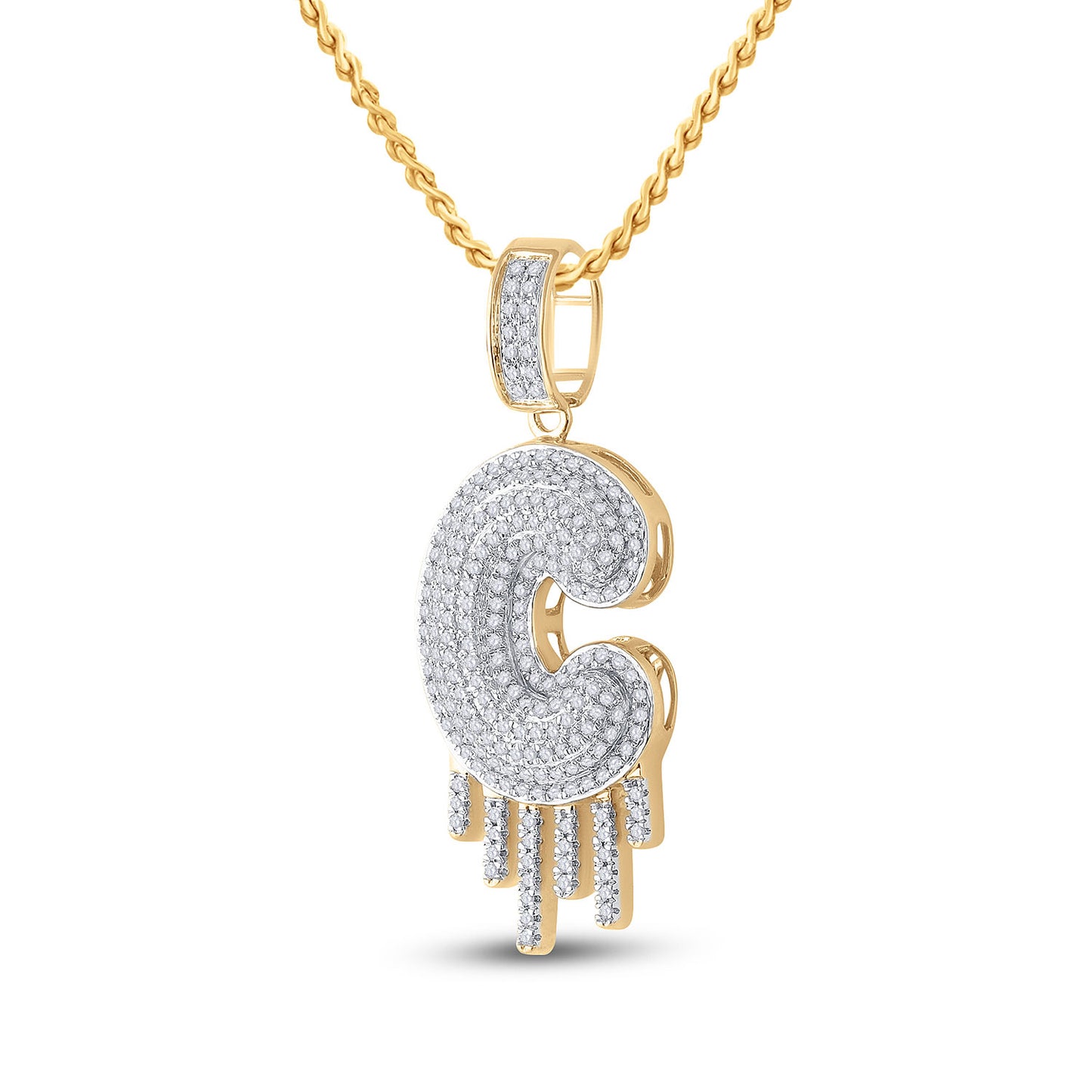 10K Yellow Gold Mens Round Diamond Drip Letter Charm Pendant