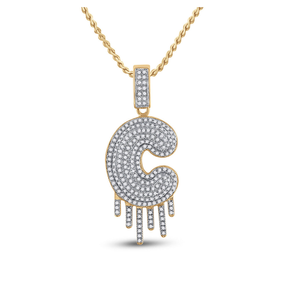 10K Yellow Gold Mens Round Diamond Drip Letter Charm Pendant