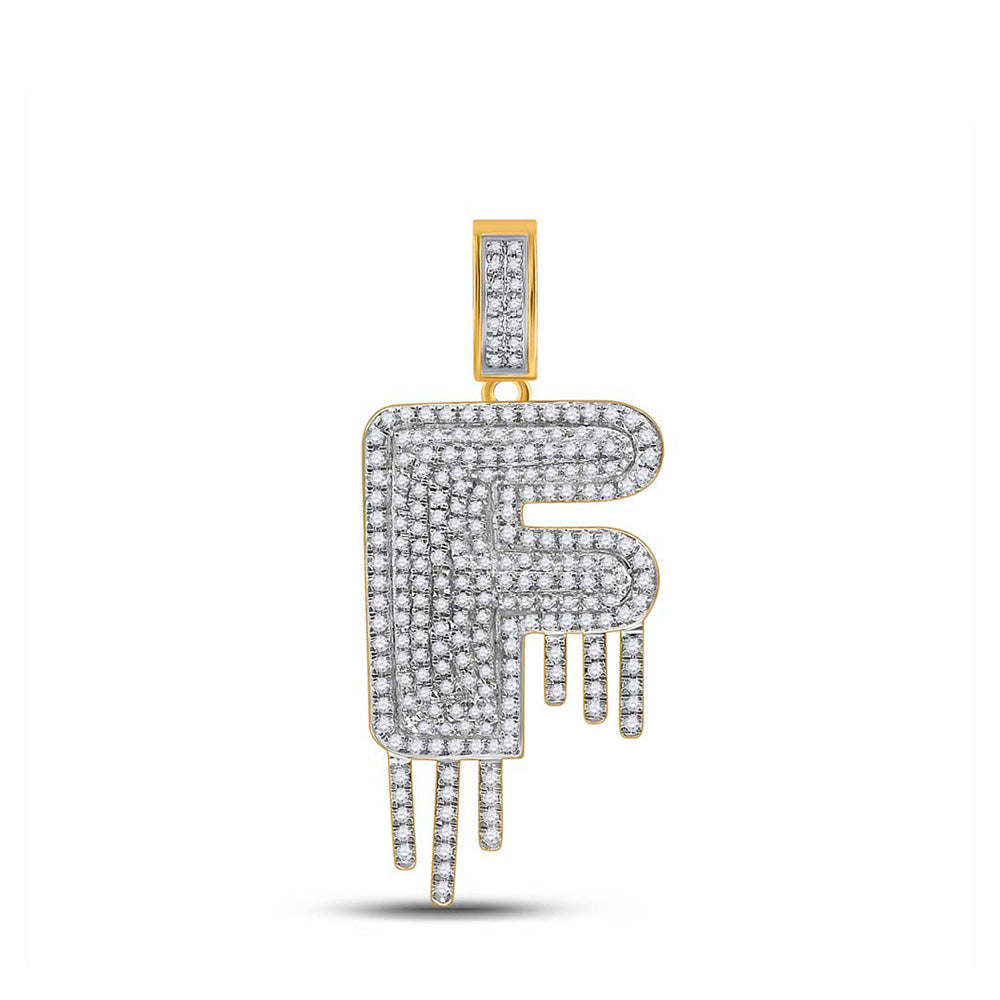 10K Yellow Gold Mens Round Diamond Drip Letter Charm Pendant