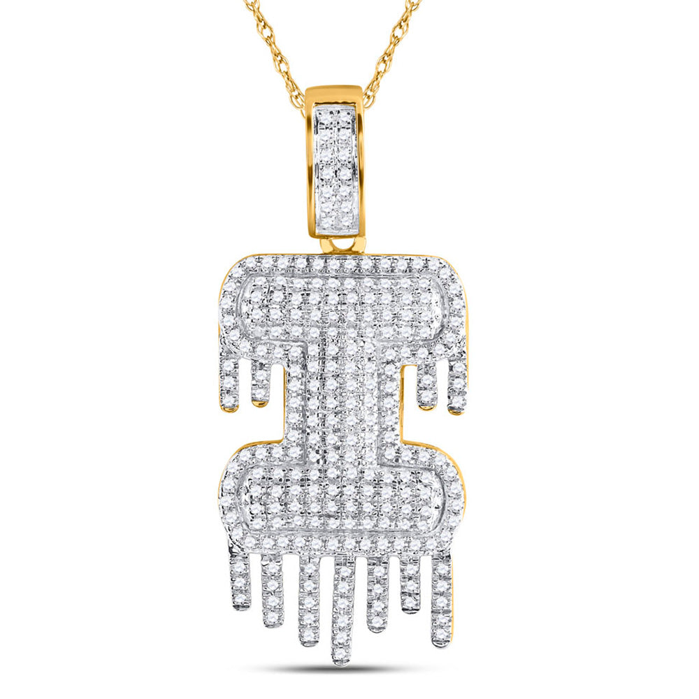 10K Yellow Gold Mens Round Diamond Drip Letter Charm Pendant