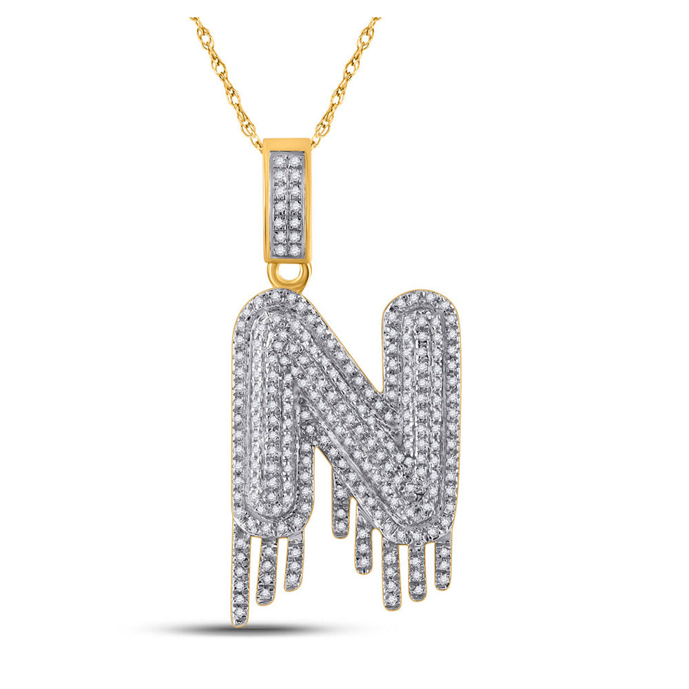 10K Yellow Gold Mens Round Diamond Drip Letter Charm Pendant