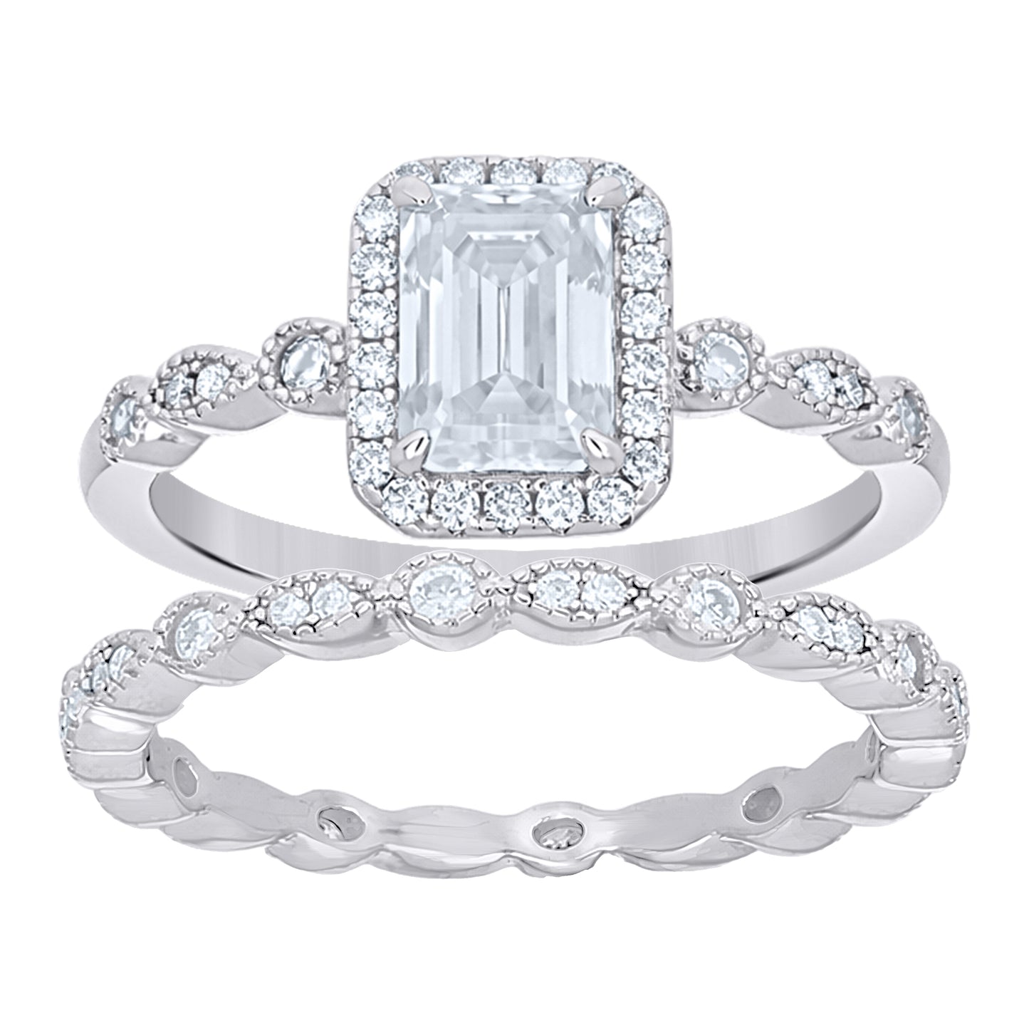Sterling Silver Womens Emerald-Cut Round 1.69ct Moissanite Duo Ring Set Size 5– Elegant Jewelry Gift for Birthday, Anniversary, Engagement, Wedding