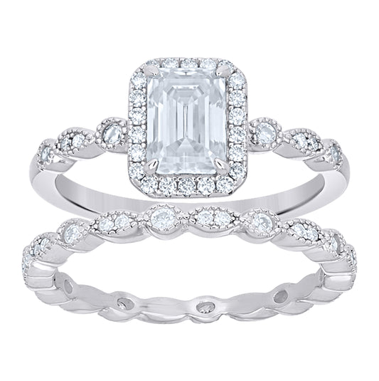 Sterling Silver Womens Emerald-Cut Round 1.69ct Moissanite Duo Ring Set Size 5– Elegant Jewelry Gift for Birthday, Anniversary, Engagement, Wedding