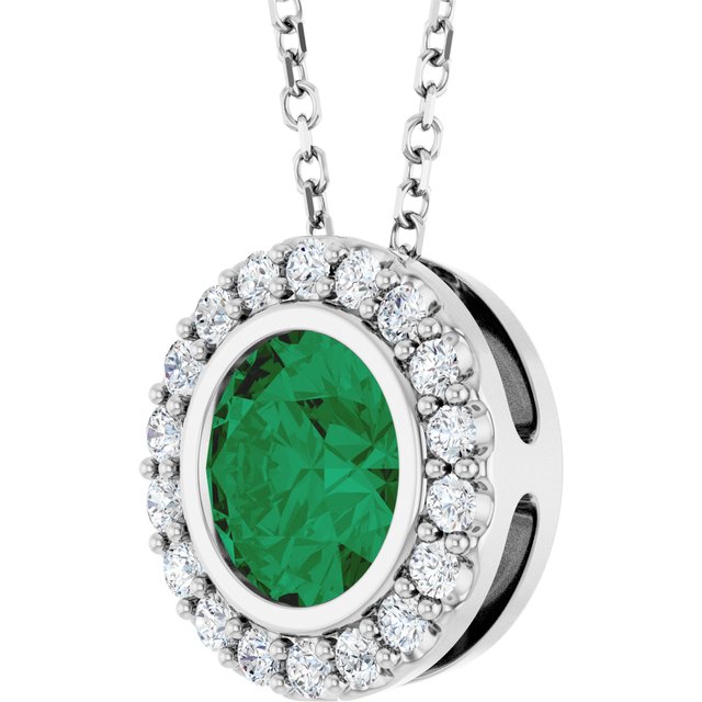 14K White Gold Round 7Mm I1, G-H 16-18 In Polished Lab-Grown Emerald And 1/4 Ctw Natural Diamond Necklace