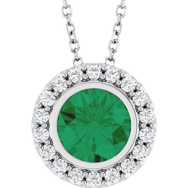 14K White Gold Round 7Mm I1, G-H 16-18 In Polished Lab-Grown Emerald And 1/4 Ctw Natural Diamond Necklace
