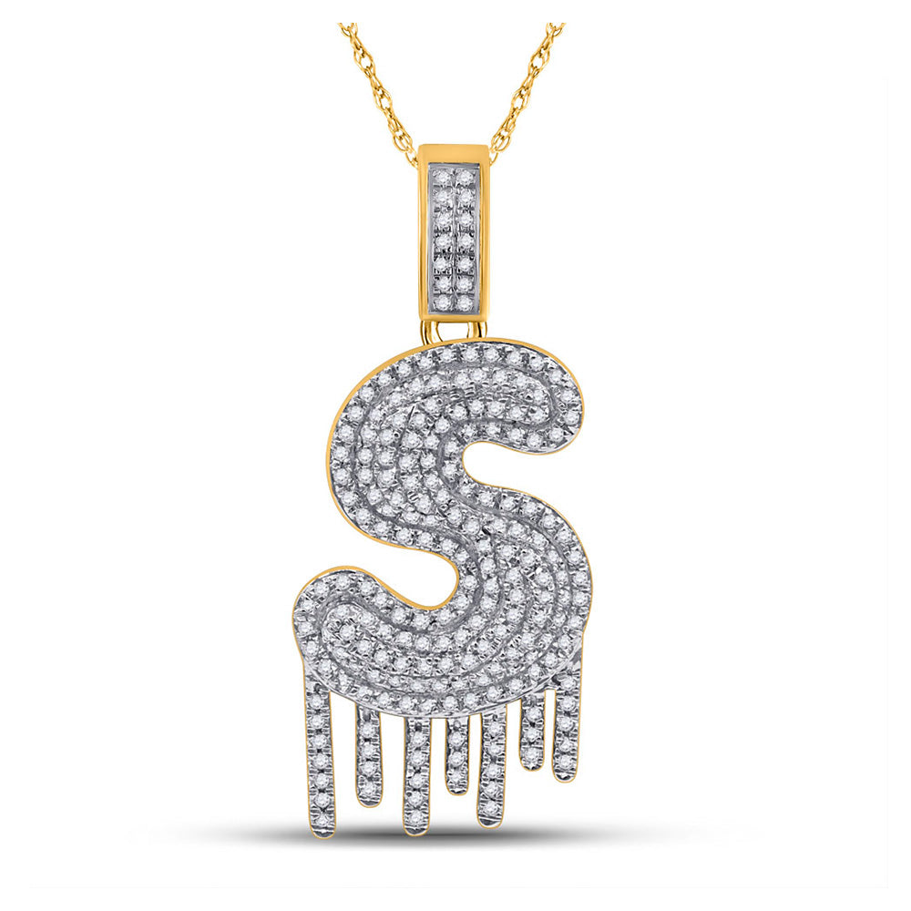 10K Yellow Gold Mens Round Diamond Drip Letter Charm Pendant