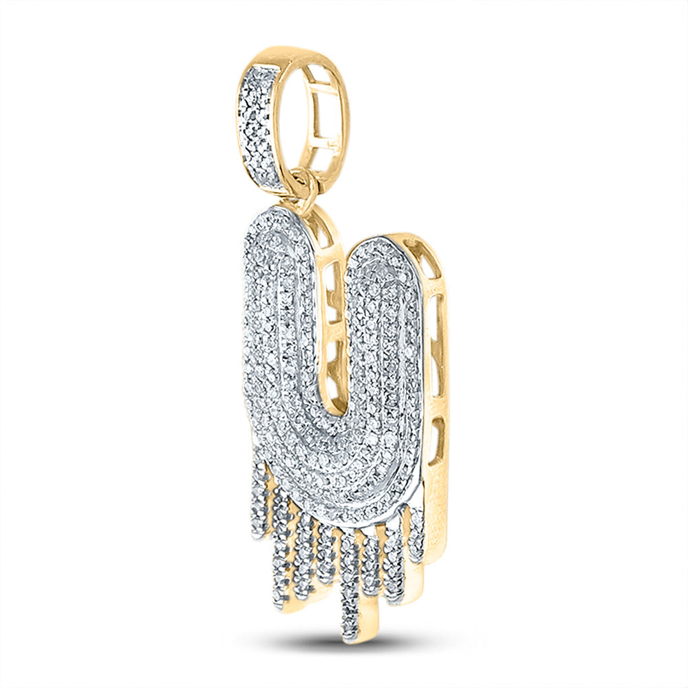 10K Yellow Gold Mens Round Diamond Drip Letter Charm Pendant