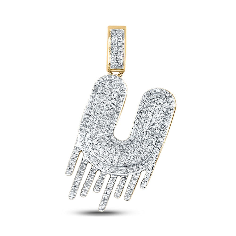 10K Yellow Gold Mens Round Diamond Drip Letter Charm Pendant