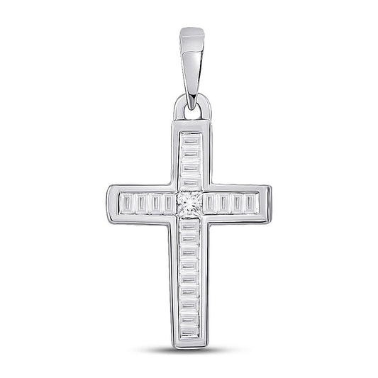 10K White Gold Womens Princess Diamond Cross Pendant 1/8 Cttw