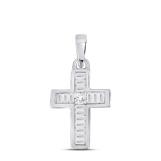 10K White Gold Womens Princess Diamond Small Cross Pendant 1/6 Cttw