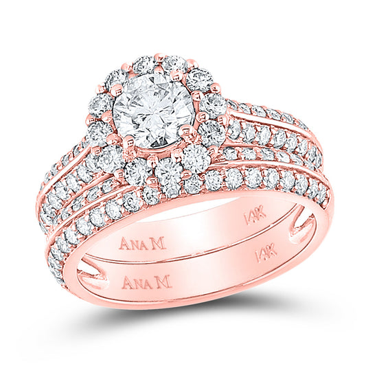 14K Rose Gold Round Diamond Halo Bridal Wedding Ring Band Set 1-7/8 Cttw, Womens Size: 5-10