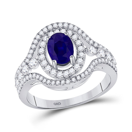 14K White Gold Womens Oval Blue Sapphire Diamond Solitaire Ring 1-1/2 Cttw, Womens Size: 5-10